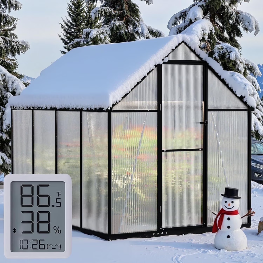 Sanerto 6x7.5FT Heavy-Duty Walk-in Outdoor Greenhouse, Reinforced Aluminum Frame, UV-Resistant Polycarbonate Panels, Built-in Thermometer & Hygrometer, All-Weather Garden Greenhouse