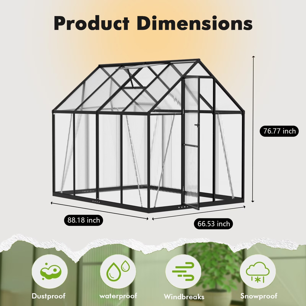 Sanerto 6x7.5FT Heavy-Duty Walk-in Outdoor Greenhouse, Reinforced Aluminum Frame, UV-Resistant Polycarbonate Panels, Built-in Thermometer & Hygrometer, All-Weather Garden Greenhouse