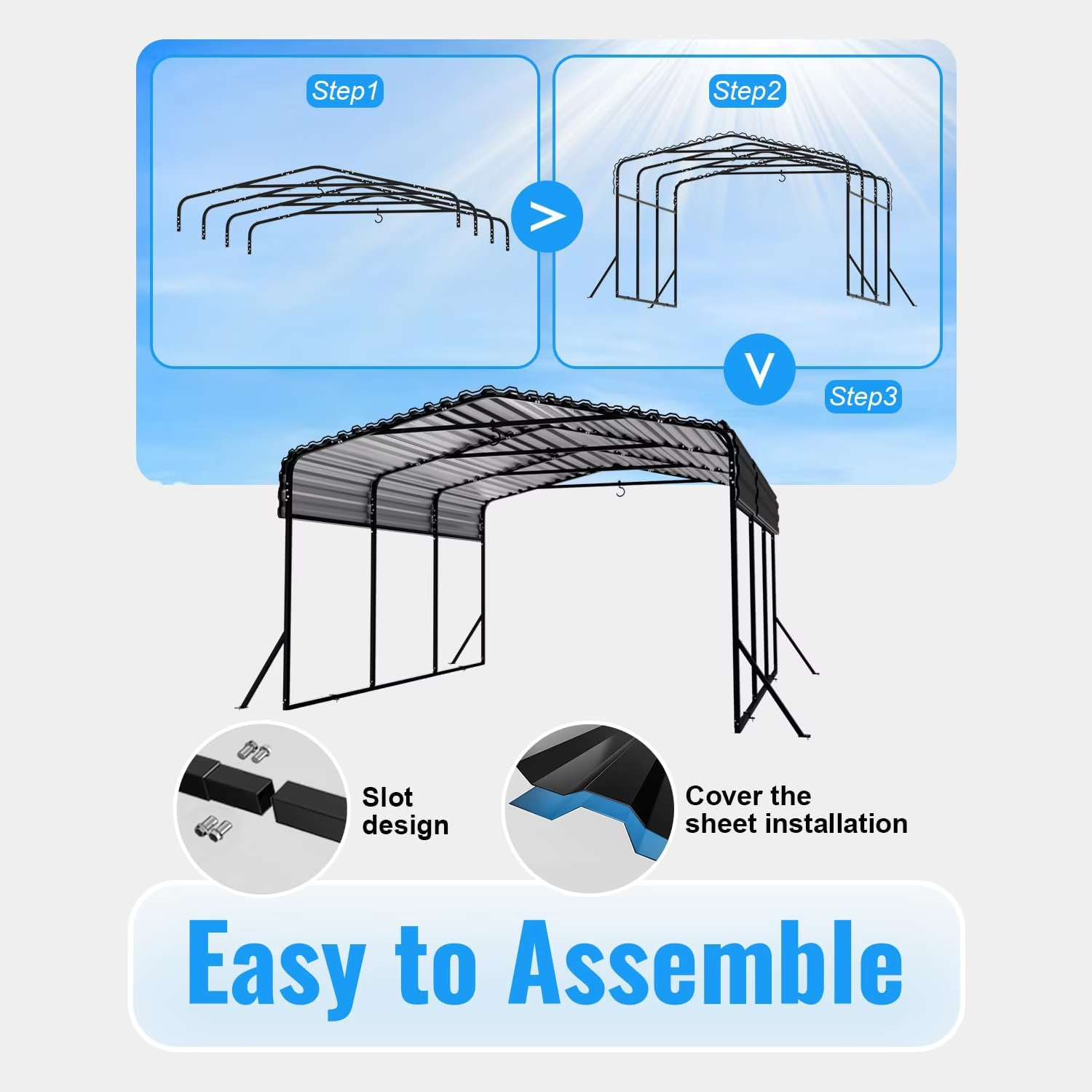 Sanerto 10x15FT Heavy Duty Metal Carport, Outdoor All-Weather Shelter with Iron Roof, Durable Canopy for Cars, Trucks, Boats & Equipment, Easy Quick Assembly